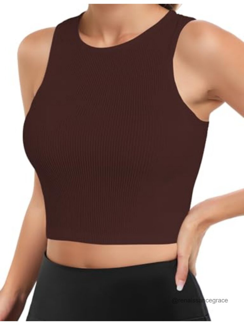 Ribbed Seamless High Neck Racerback Crop Tank Top Women Workout No Bra